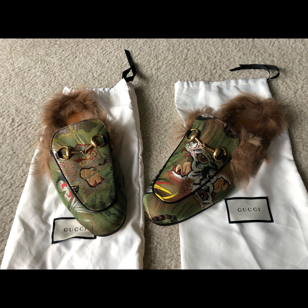 Gucci Princetown Dragon Jacquard Fur Slipper